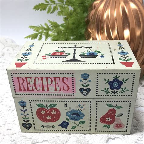 white metal recipe box|vintage metal recipe box.